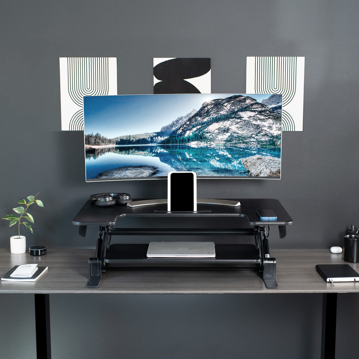 VIVO 36 inch Height Adjustable Stand Up Desk Converter, V Series, Quick Sit to Stand Tabletop Dual Monitor Riser Workstation, Black, DESK-V000V VIVO