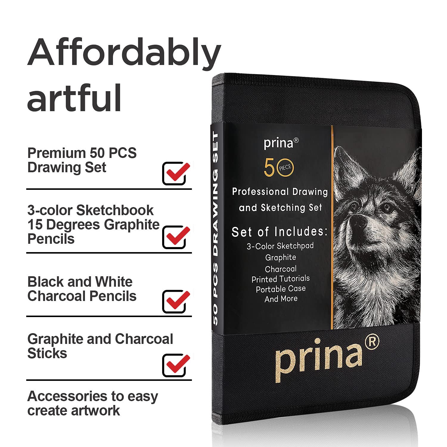 Prina 50 Pack Drawing Set Sketch Kit, Pro Art Sketching Supplies with 3-Color Sketchbook, Graphite, and Charcoal Pencils for Artists Adults Teens PRINA