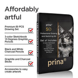 Prina 50 Pack Drawing Set Sketch Kit, Pro Art Sketching Supplies with 3-Color Sketchbook, Graphite, and Charcoal Pencils for Artists Adults Teens PRINA