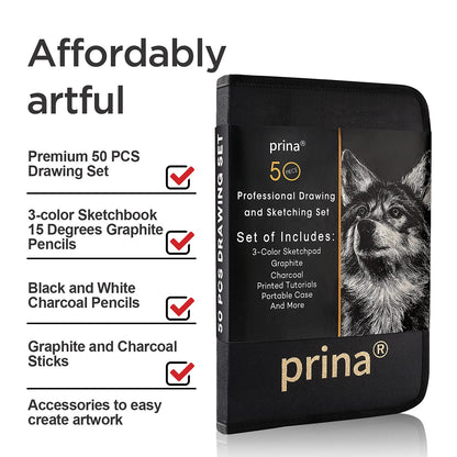 Prina 50 Pack Drawing Set Sketch Kit, Pro Art Sketching Supplies with 3-Color Sketchbook, Graphite, and Charcoal Pencils for Artists Adults Teens - WoodArtSupply