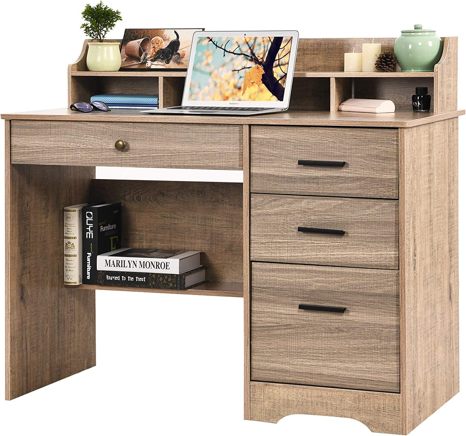 Catrimown Computer Desk with Drawers and Hutch, Wood Executive Desks for Home Office Bedrooms Desk Student Teen Writing Laptop Table, Small Desk with - WoodArtSupply