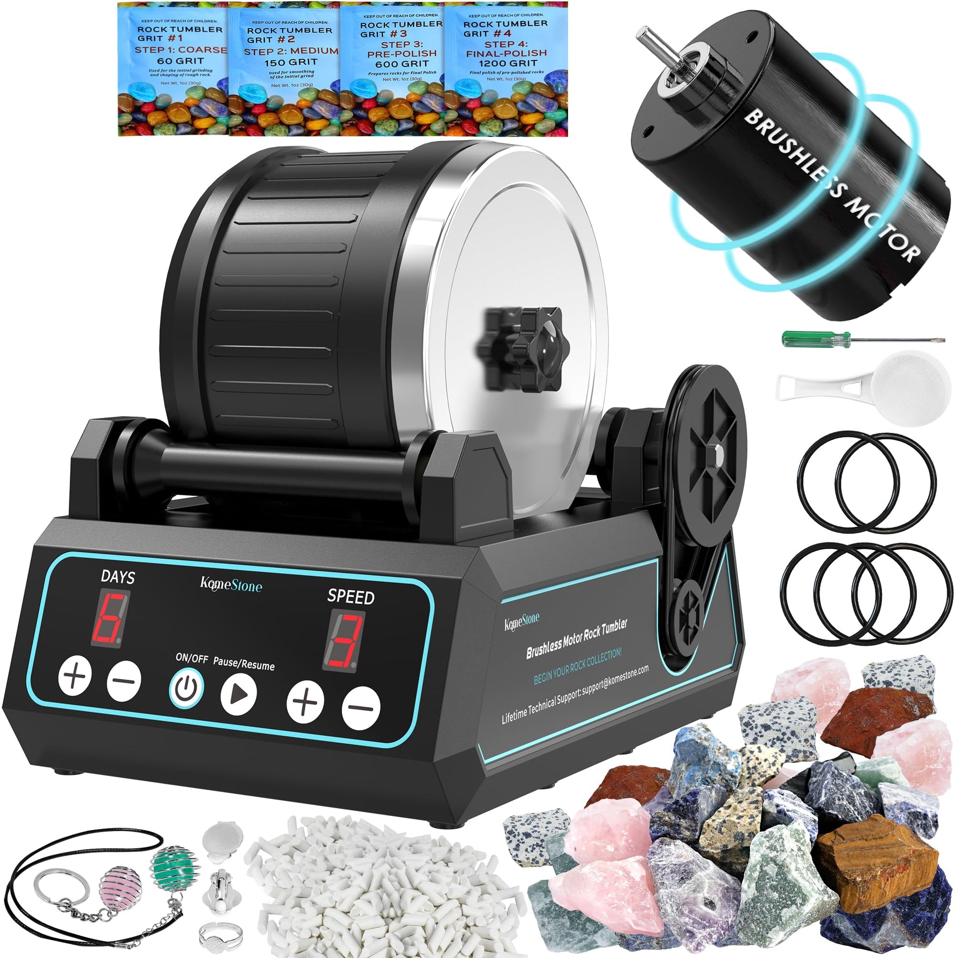 KomeStone K1 Pro Professional Cutting-Edge Brushless Motor Advanced Rock Tumbler Polisher Kit, Extra Large 2.5Lb Barrel with 3-Speed Motor 9-Day - WoodArtSupply