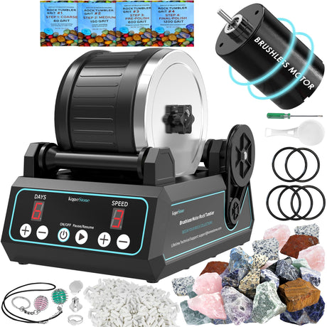 KomeStone K1 Pro Professional Cutting-Edge Brushless Motor Advanced Rock Tumbler Polisher Kit, Extra Large 2.5Lb Barrel with 3-Speed Motor 9-Day KomeStone