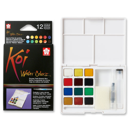 SAKURA Koi Pocket Field Sketch Kit - Watercolor Sets for Painting On the Go - 12 Colors - 1 Water Brush - 1 Sponge - 1 Palette - WoodArtSupply