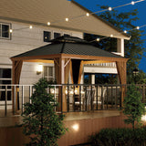 HAPPATIO 10' x 12' Hardtop Gazebo, Outdoor Wood Grain Frame Aluminum Gazebo, Double Roof Permanent Patio Gazebo Canopy with Netting and Curtains for HAPPATIO