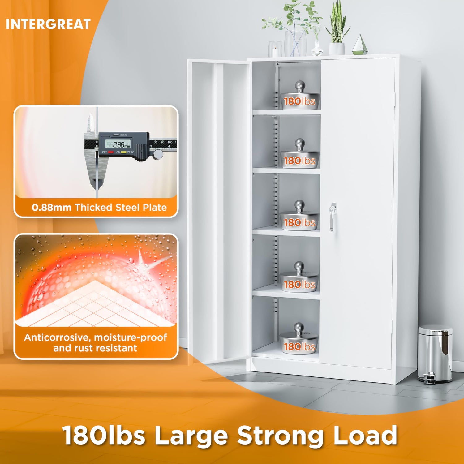 INTERGREAT Metal Storage Cabinet with Lock, 72" Office Storage Cabinet with Locking Doors and 4 Adjustable Shelves, White Lockable Steel Cabinet for INTERGREAT