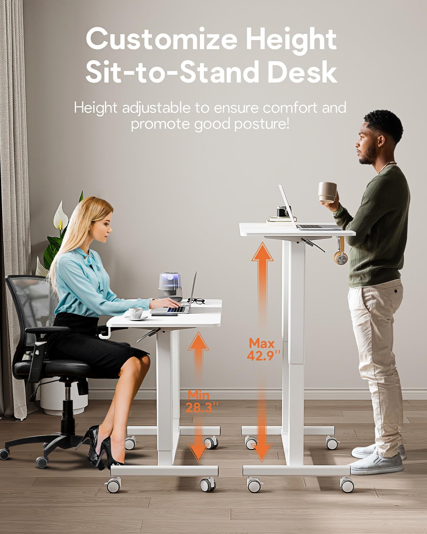 JOY worker Mobile Standing Desk, 35In Small Standing Desk with Curved Desktop, Pneumatic Height Adjustable Rolling Desk Holds Up to 33lbs, White - WoodArtSupply