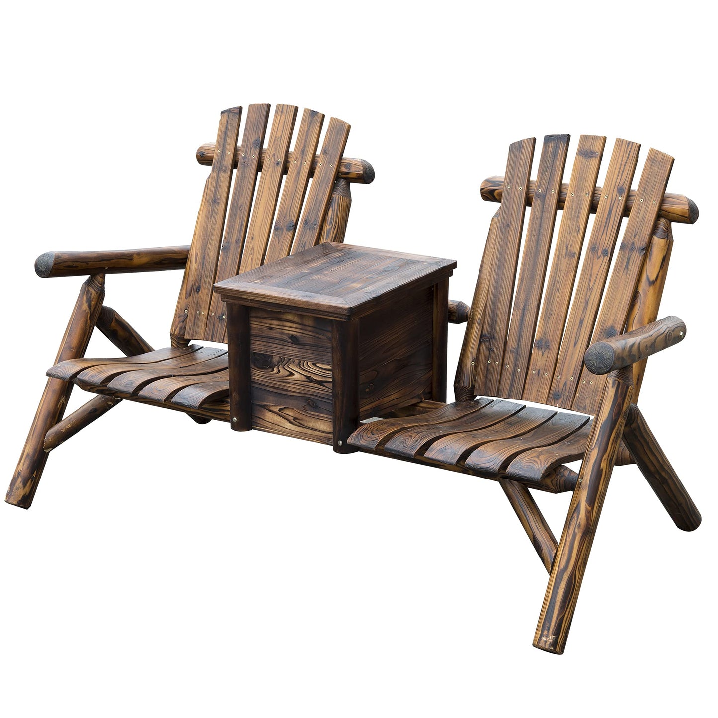 Outsunny Double Wooden Adirondack Chair with Ice Bucket, Outdoor Loveseat with High Backrest, Smooth Armrest, Rustic Brown - WoodArtSupply