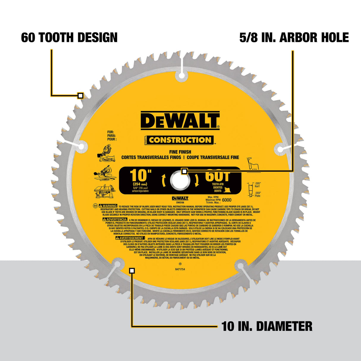 DEWALT 10-Inch Miter / Table Saw Blade, ATB, Thin Kerf, Crosscutting, 5/8-Inch Arbor, 60-Tooth (DW3106) DEWALT