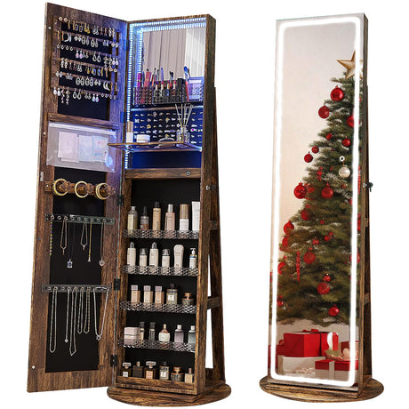 CHARMAID LED Mirror Jewelry Cabinet Armoire 360° Swivel, 63" H 3-Color Lighted Full Length Mirror, Adjustable Brightness, Lockable Standing Jewelry CHARMAID