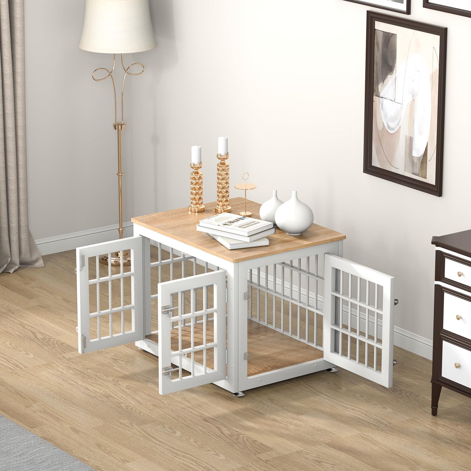 rehomerance Heavy Duty Dog Crate Furniture for Small Dogs, Decorative Pet House End Table, Wooden Cage Kennel Furniture Indoor, White and Natural rehomerance