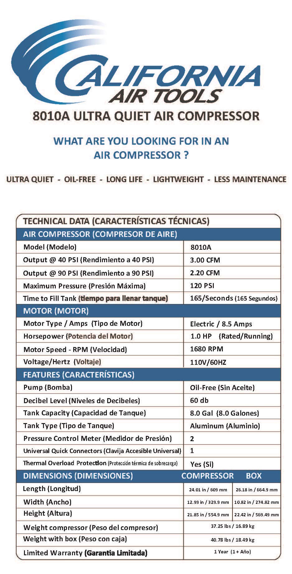 California Air Tools 8010A Aluminum Tank Air Compressor | Ultra Quiet, Oil-Free, 1.0 hp, 8 gal - WoodArtSupply