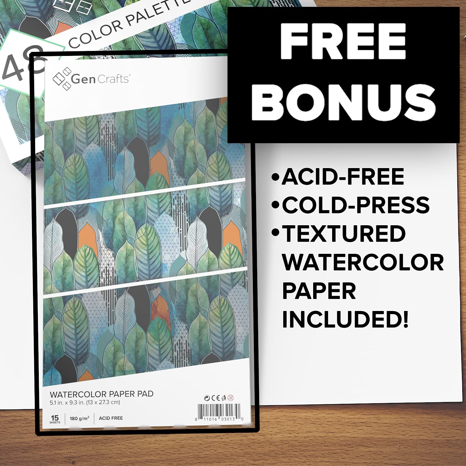 GenCrafts Watercolor Paint Palette with Bonus Paper Pad Includes 48 Premium Colors - 2 Refillable Water Blending Brush Pens - 15 Sheets of Water GenCrafts