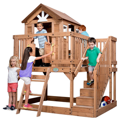 Backyard Discovery Scenic Heights All Cedar Wooden Playhouse, Upper Deck Cottage Style, Saloon Style Doors, Ladder, Stairs, Play Sink, Storage Toy - WoodArtSupply