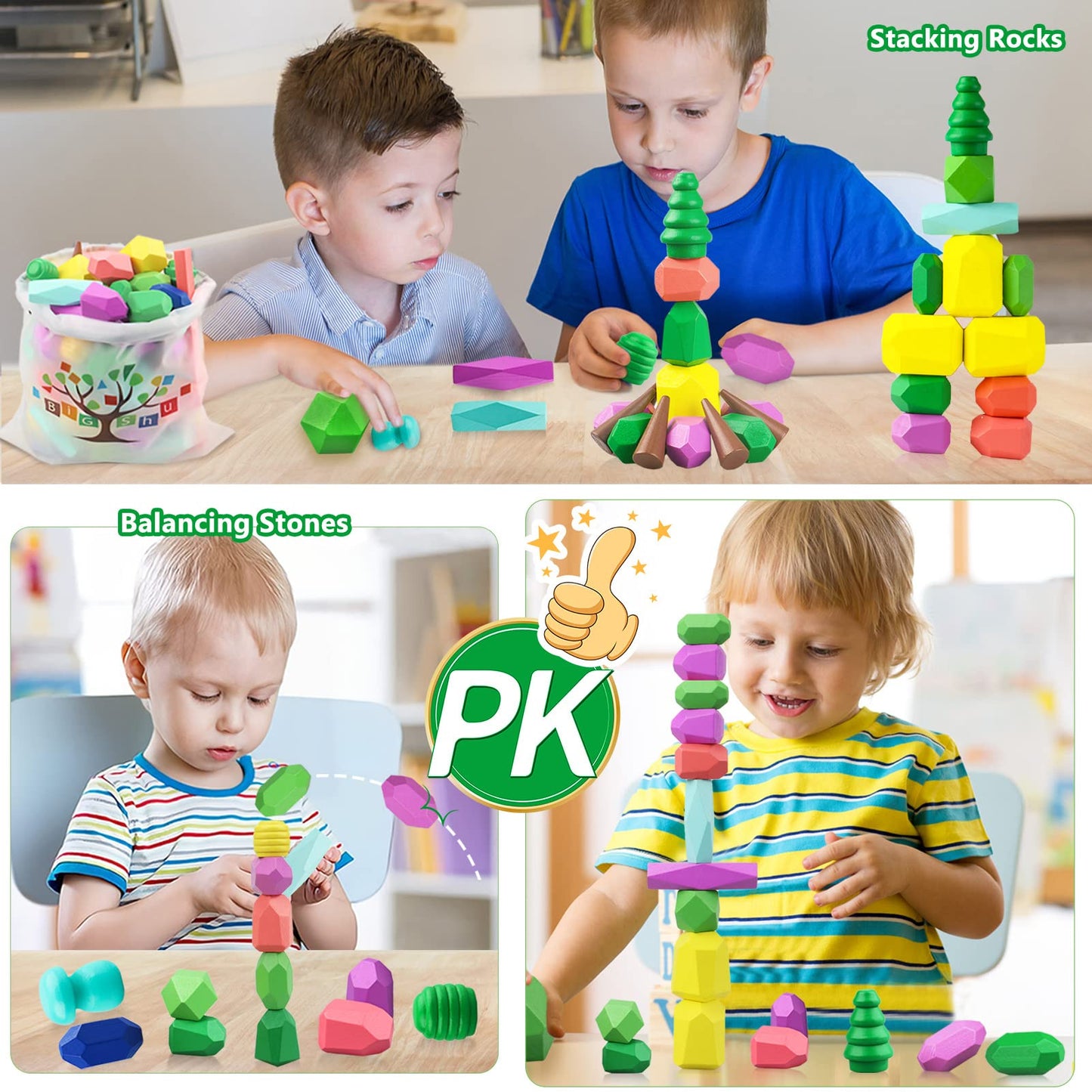 Toys for 3 Year Old Boys Girls, 36 PCS Colorful Wooden Sorting Stacking Rocks for Toddlers 3-4 Montessori Sensory Building Blocks for Kids Ages 4-8,