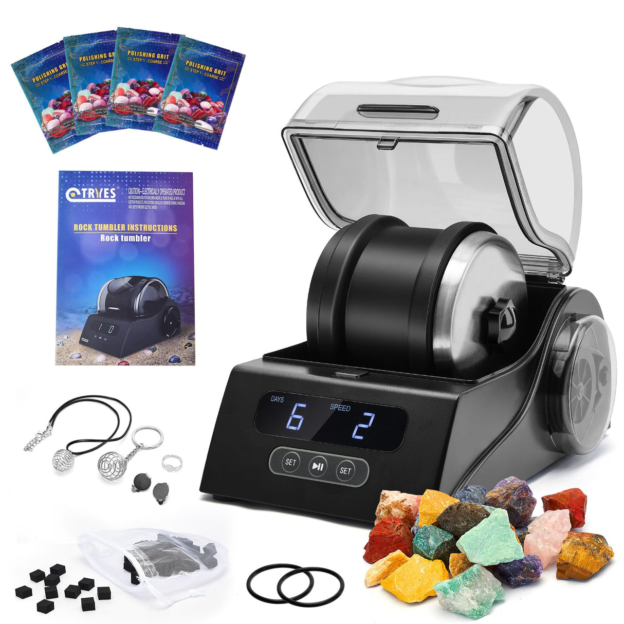 Tryes Rock Tumbler Kit Adults - Rock Polisher Tumbler with Noise Reduction Cover, Speed&Timer Control, Includes 4 Polishing Grits, Rough Gemstones, Tryes
