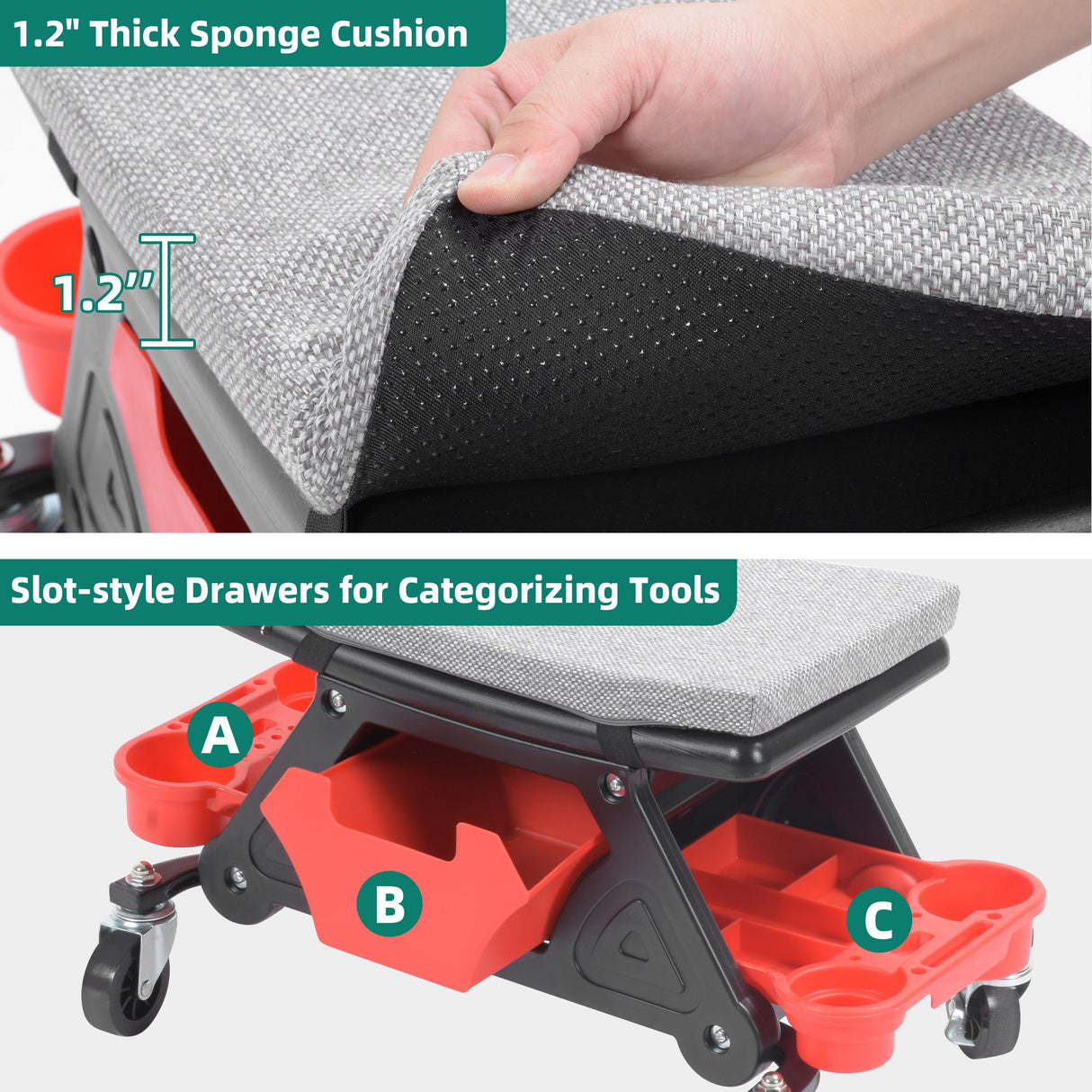 YITAHOME Mechanic Stool 330 LBS with Wheels, Heavy Duty Rolling Mechanics Seat, Rolling Tool Seat for Automotive Auto Repair YITAHOME