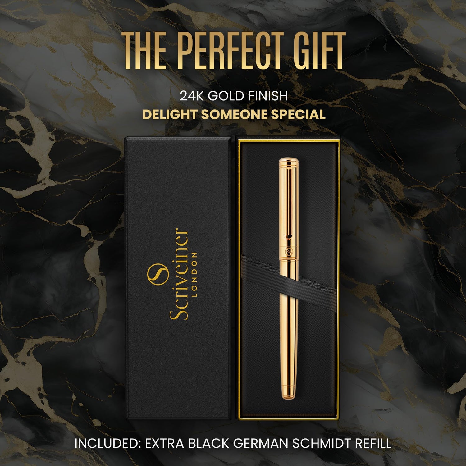 Scriveiner Gold Rollerball Pen - Stunning Luxury Pen with 24K Gold Finish, Schmidt Ink Refill, Best Roller Ball Pen Gift Set for Men & Women, Scriveiner