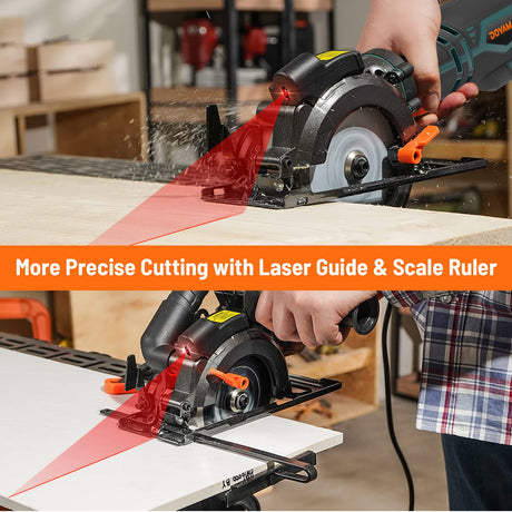 DOVAMAN Circular Saw, 5.8A 4-1/2" Circular Saw w/Laser, Metal Auxiliary Handle, 6 Saw Blades (4½", 4¾"), Cutting Depth 1-11/16" (90°), 1-3/8" (45°), DOVAMAN