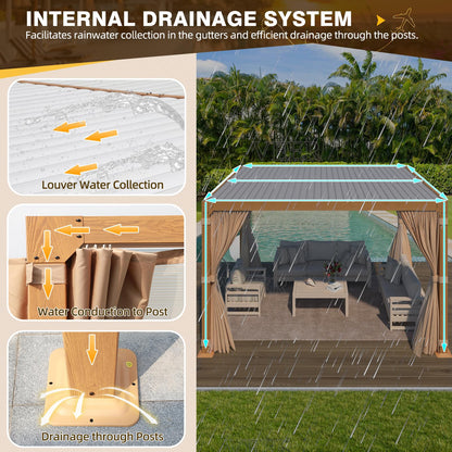 MELLCOM Louvered Pergola 10x12, Aluminum Pergola with Adjustable Louvered Roof, Wood Grain Outdoor Small Pergola with Waterproof Curtains and Nets