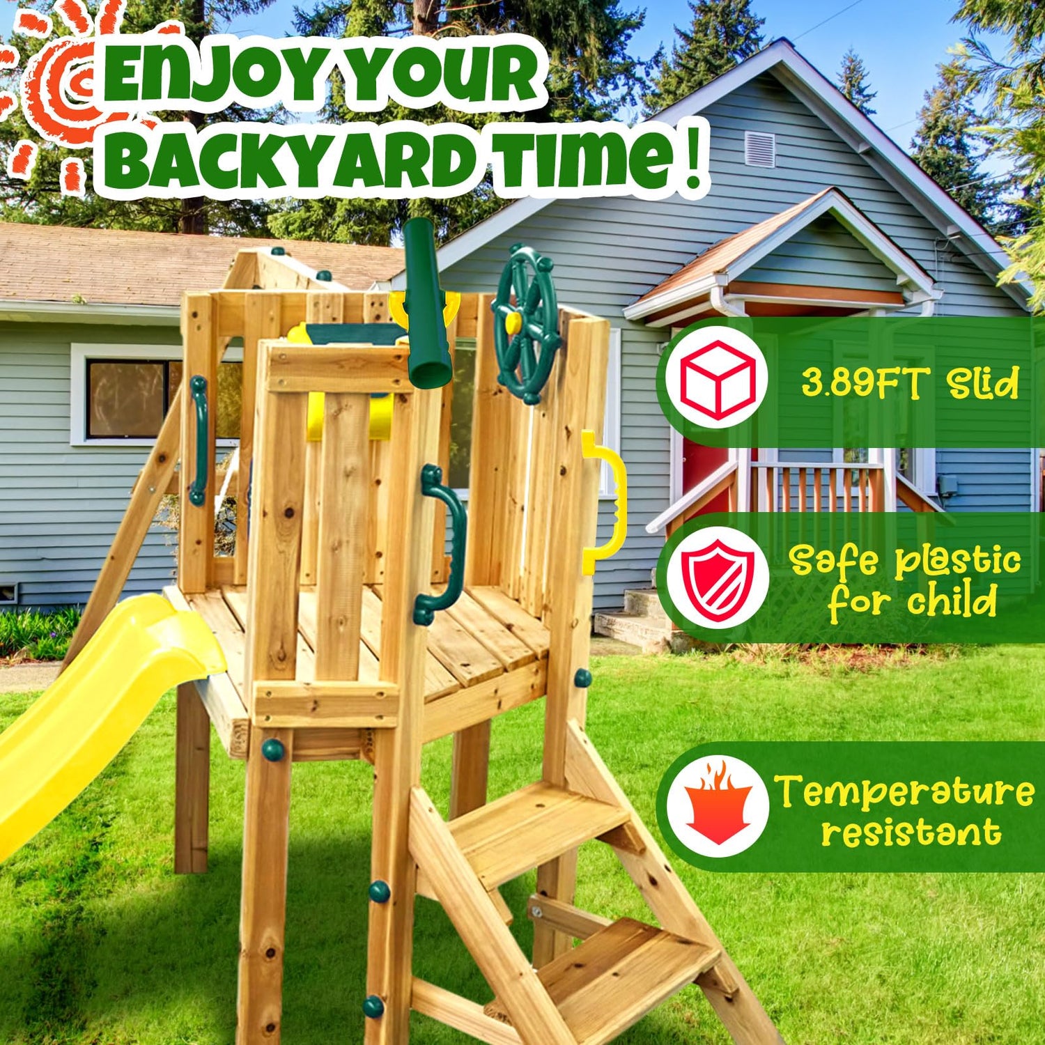 Motionchic 3 in 1 Wooden Swing Set Outdoor Playset Swing Set Kids Playground Playset with Baby Swing Seat, Toddler Slide, Captain's Wheel, Telescope, Motionchic
