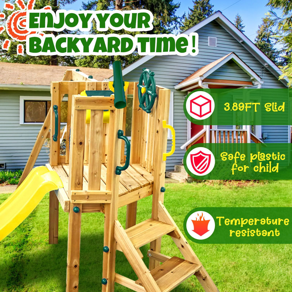 Motionchic 3 in 1 Wooden Swing Set Outdoor Playset Swing Set Kids Playground Playset with Baby Swing Seat, Toddler Slide, Captain's Wheel, Telescope, Motionchic