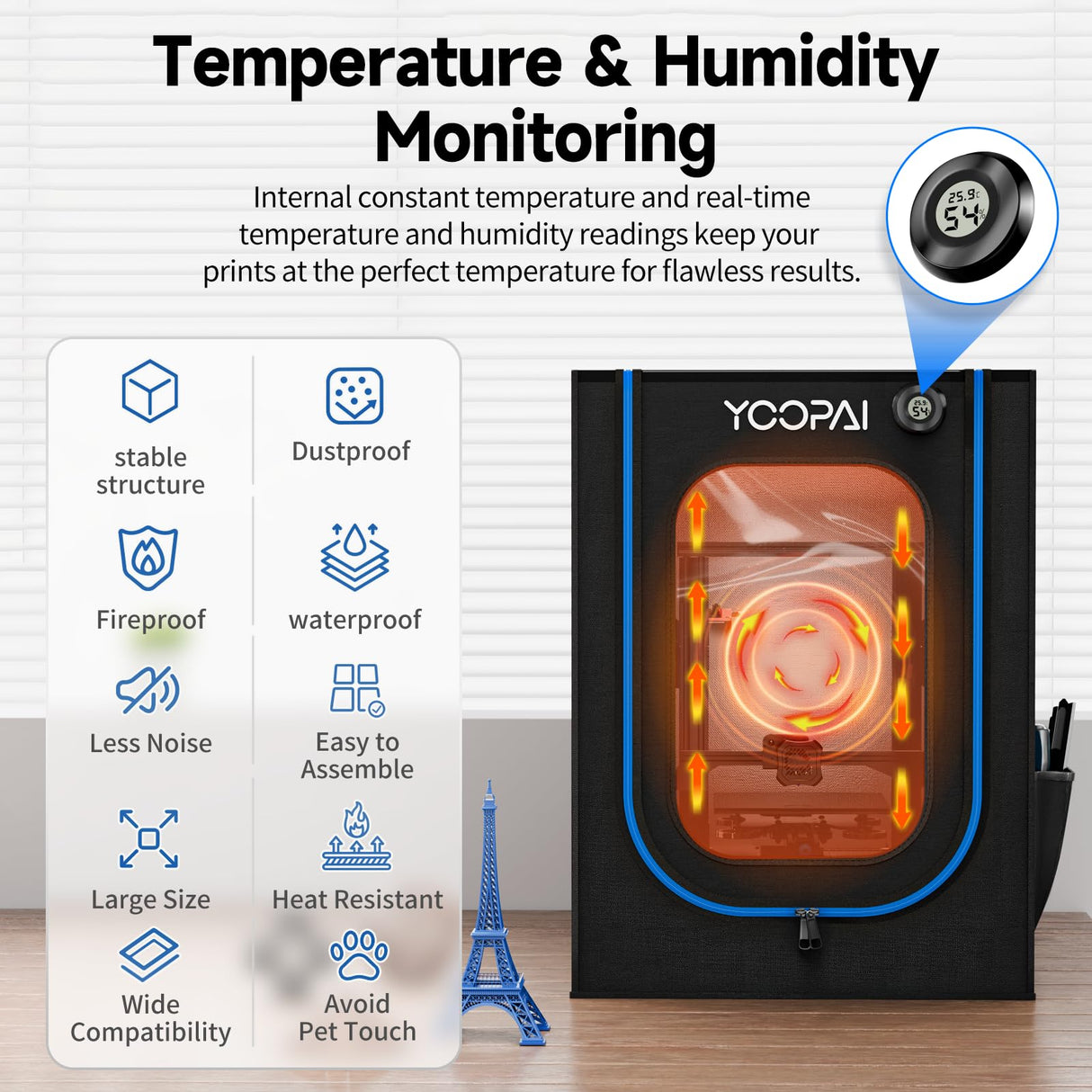 3D Printer Enclosure with LED Light,Thermo-Hygrometer,Ventilation Kit, Premium Fireproof Dustproof Tent Constant Temperature Protective Cover for YOOPAI