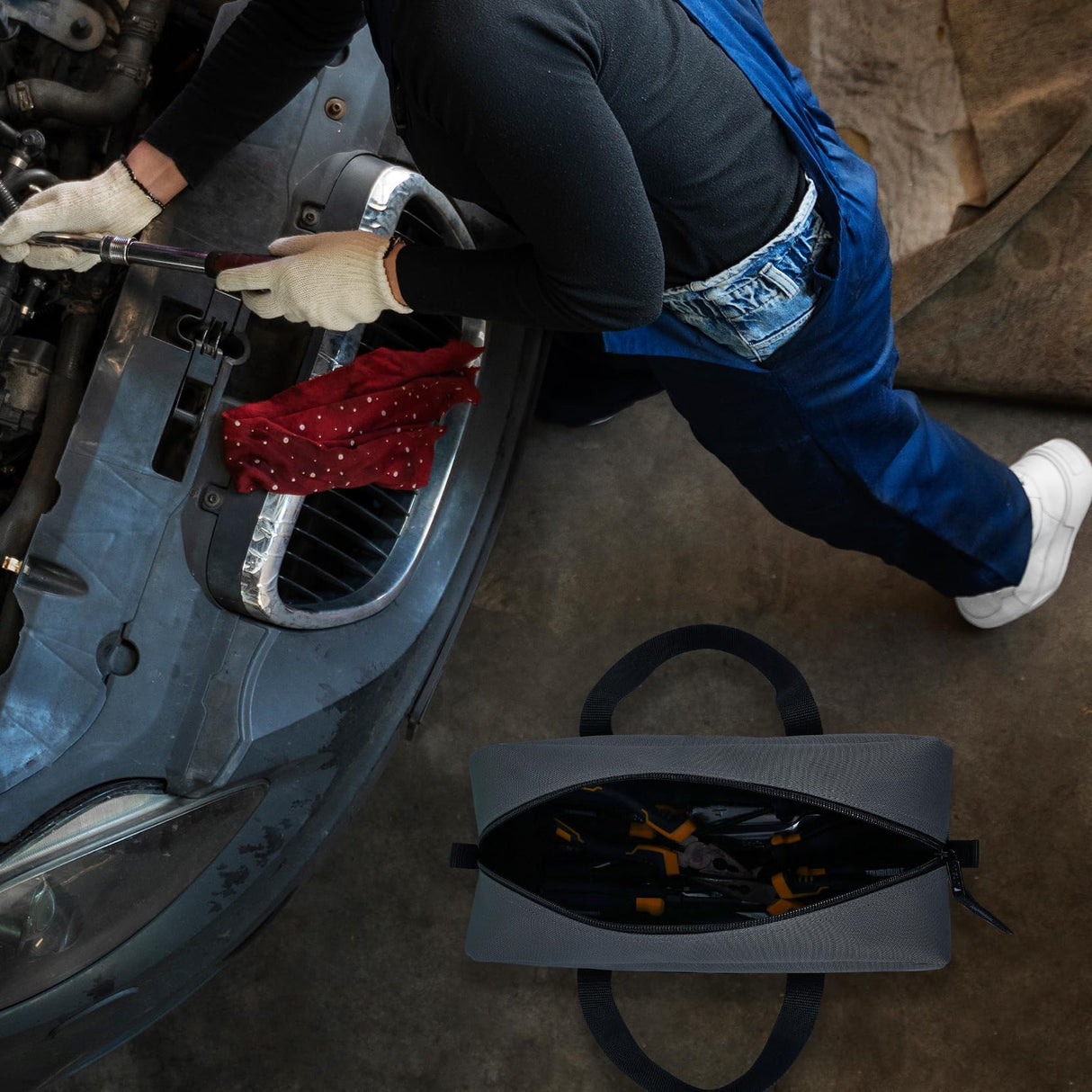 MELOTOUGH Utility Tool Tote bag Combo Kit-Includes 2 Medium Tool Organizer Bags for Electrician, Plumbing, Gardening, HVAC & More (Black&Grey) MELOTOUGH