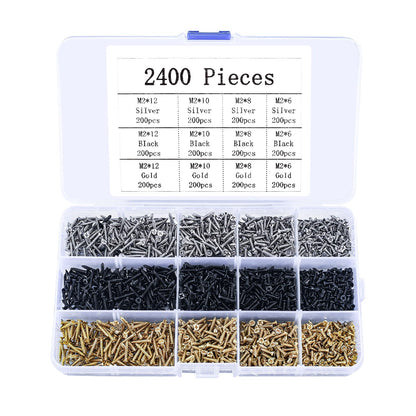 2400 Pcs M2 Small Screws Set, Flat Head Phillips Wood Screws, Tiny/Micro/Mini Self Tapping Cross Head Screws Assortment Kit for Electronic DIY - WoodArtSupply