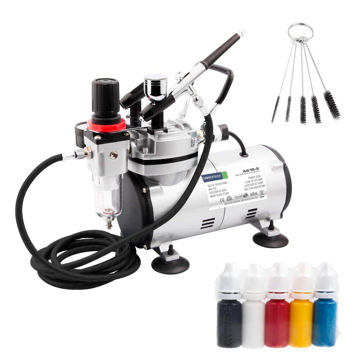Timbertech Airbrush Kit with Compressor AS18-2K Basic Start Kit with Air Hose, Cleaning Brush & Test Paints for Hobby, Body Tattoo, Graphic and Any TIMBERTECH