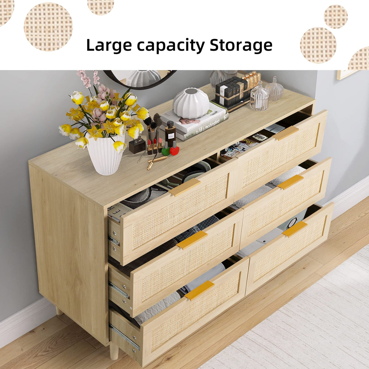 FUQARHY 6 Drawer Dresser Rattan Dresser Modern Chest with Drawers,Wood Storage Closet Dressers Chest of Drawers for Bedroom,Living Room,Hallway FUQARHY