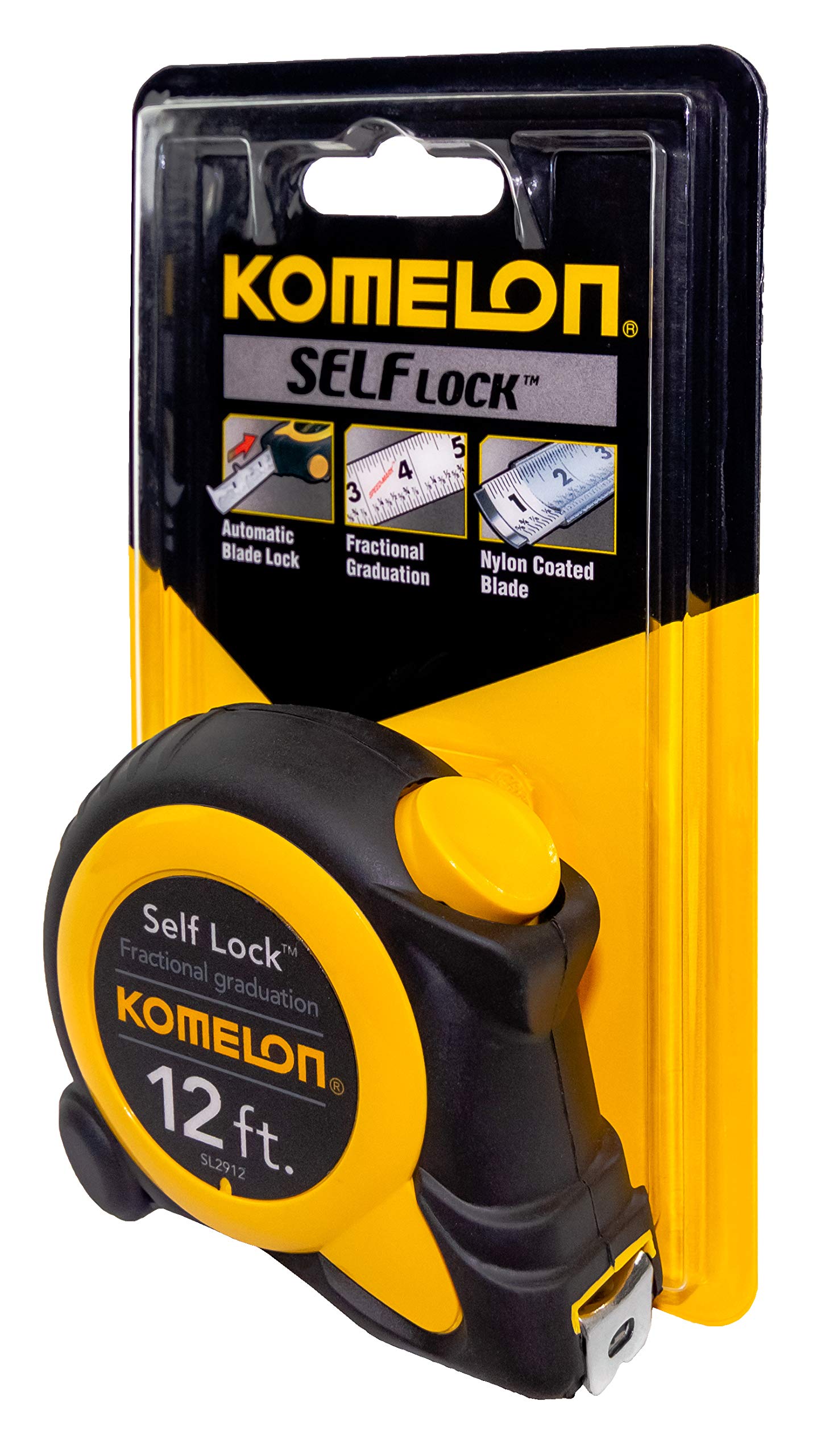 Komelon SL2912; 12' x 5/8" Self-Lock Speed Mark Tape Measure, Yellow, 12ft - Blade - WoodArtSupply