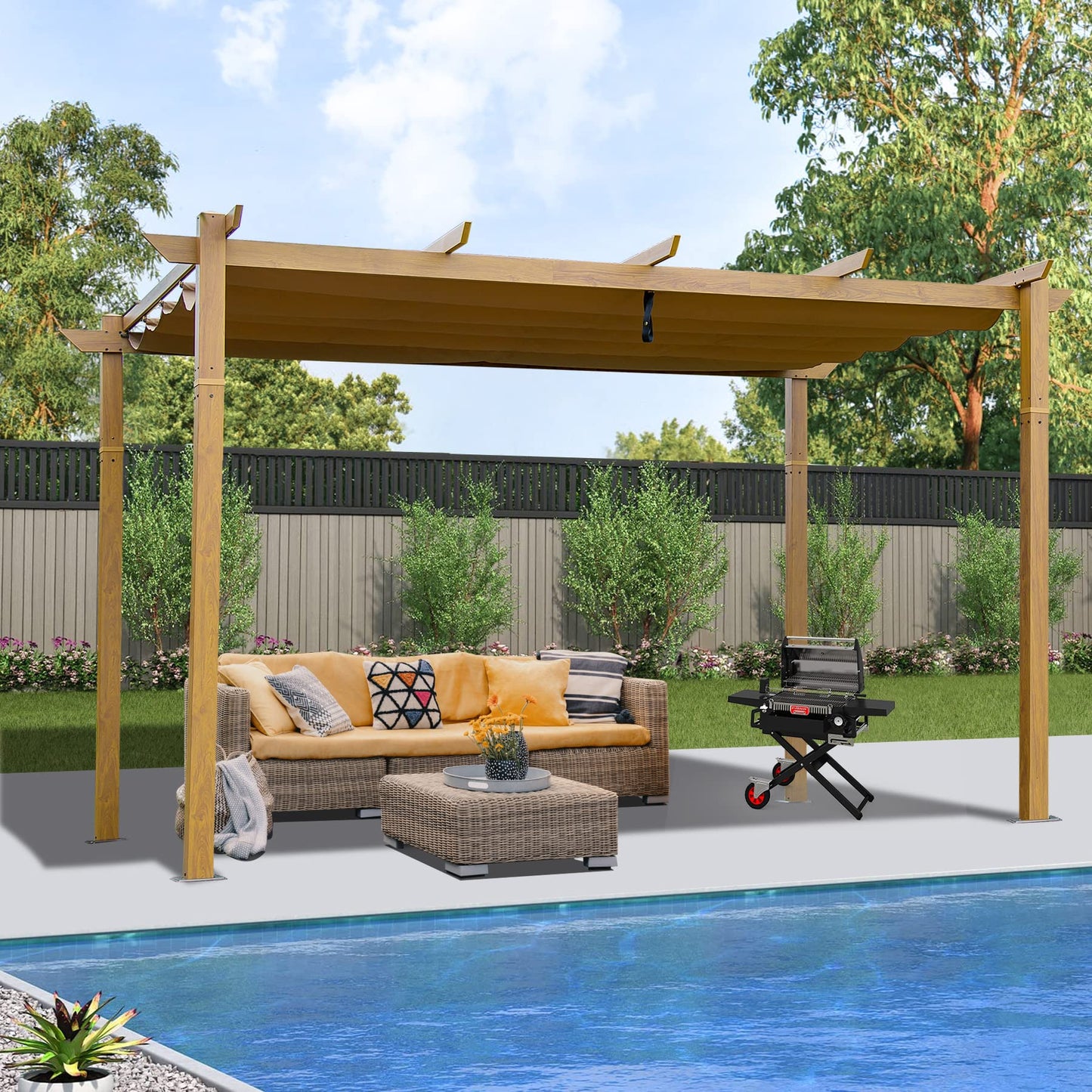 Domi 10' x 13' Outdoor Retractable Pergola, Gazebo Modern Grape Trellis Pergola with Sun Shade Canopy, Patio Aluminum Shelter for Garden Porch Beach