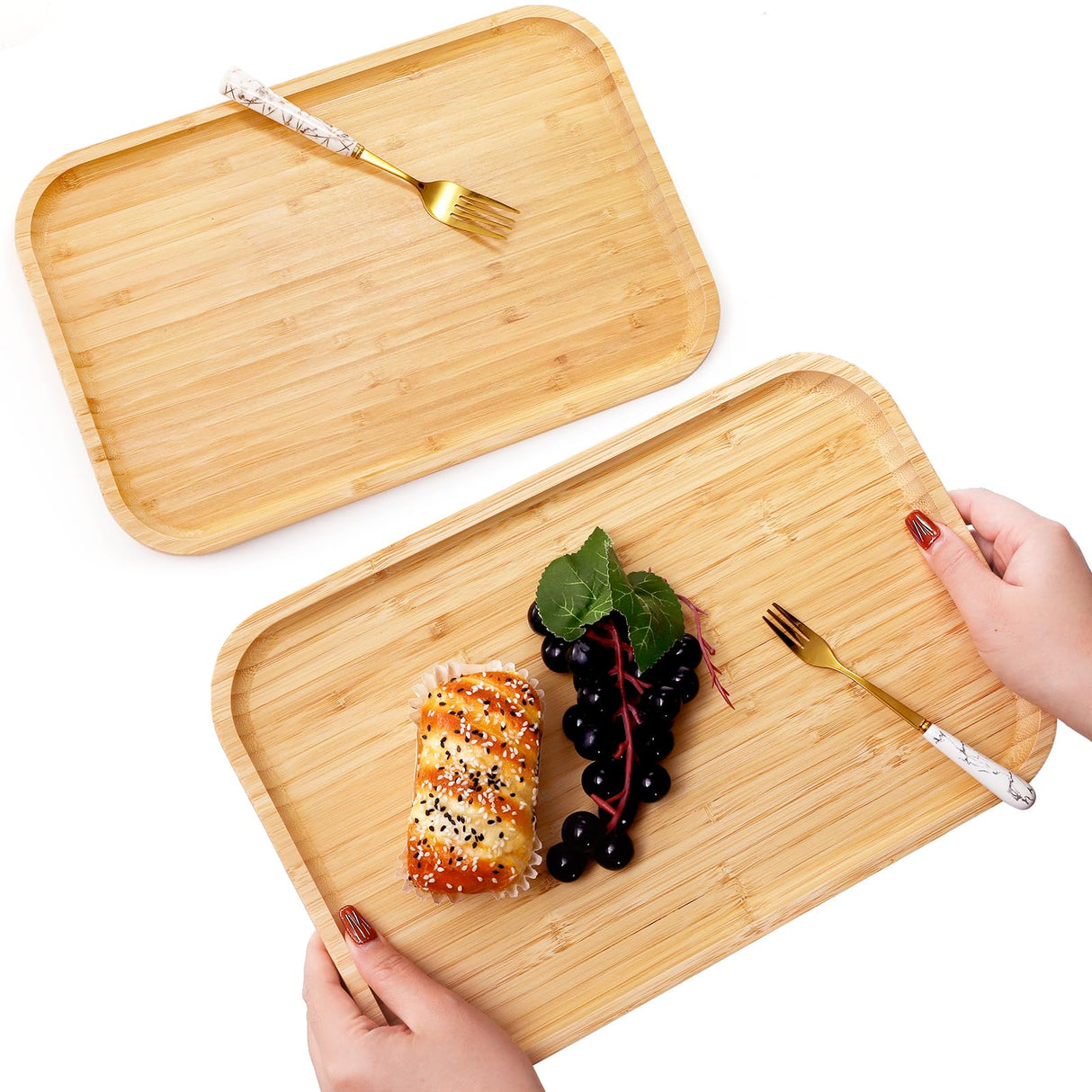 Yarlung 2 Pack Bamboo Tray Cheese Plate, 14x9 Inches Food Serving Saucer Wood Rectangular Platter for Coffee, Tea, Fruit, Plant Pot yarlung