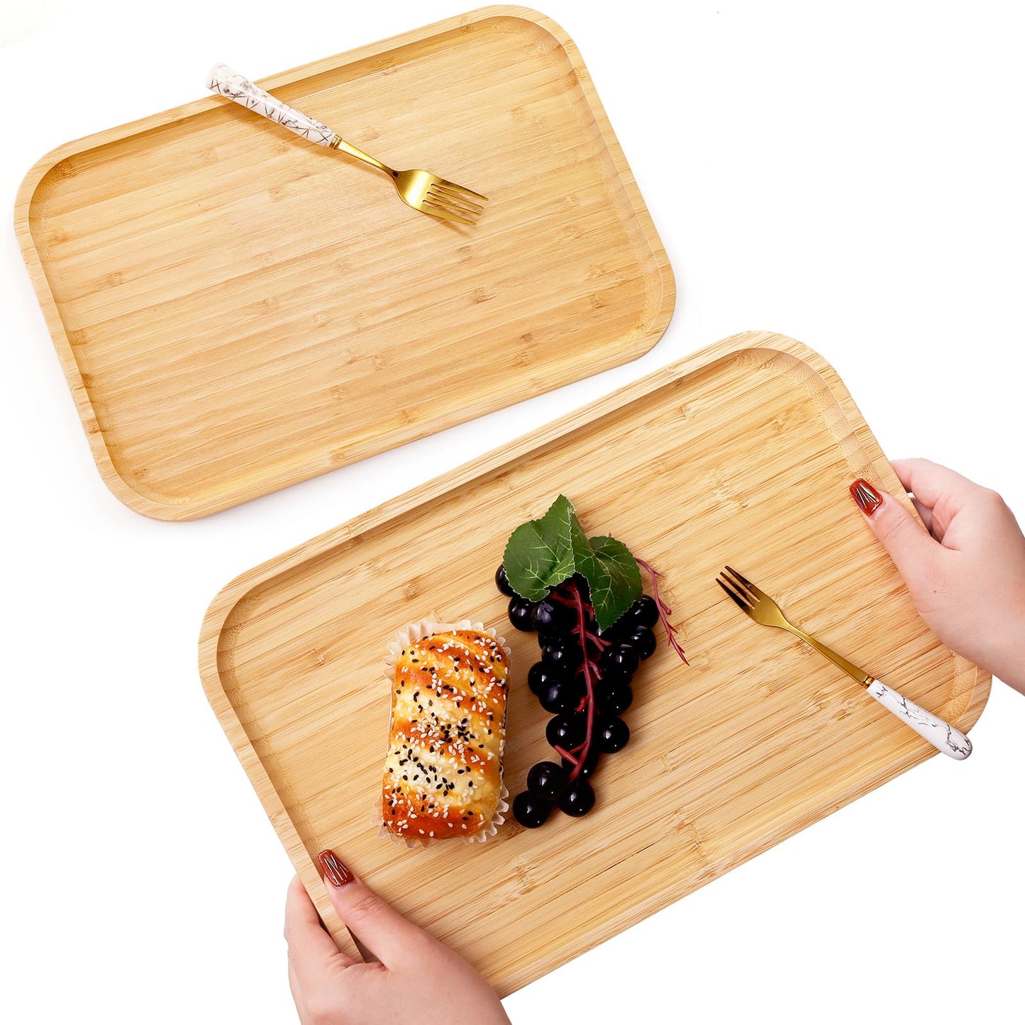 Yarlung 2 Pack Bamboo Tray Cheese Plate, 14x9 Inches Food Serving Saucer Wood Rectangular Platter for Coffee, Tea, Fruit, Plant Pot