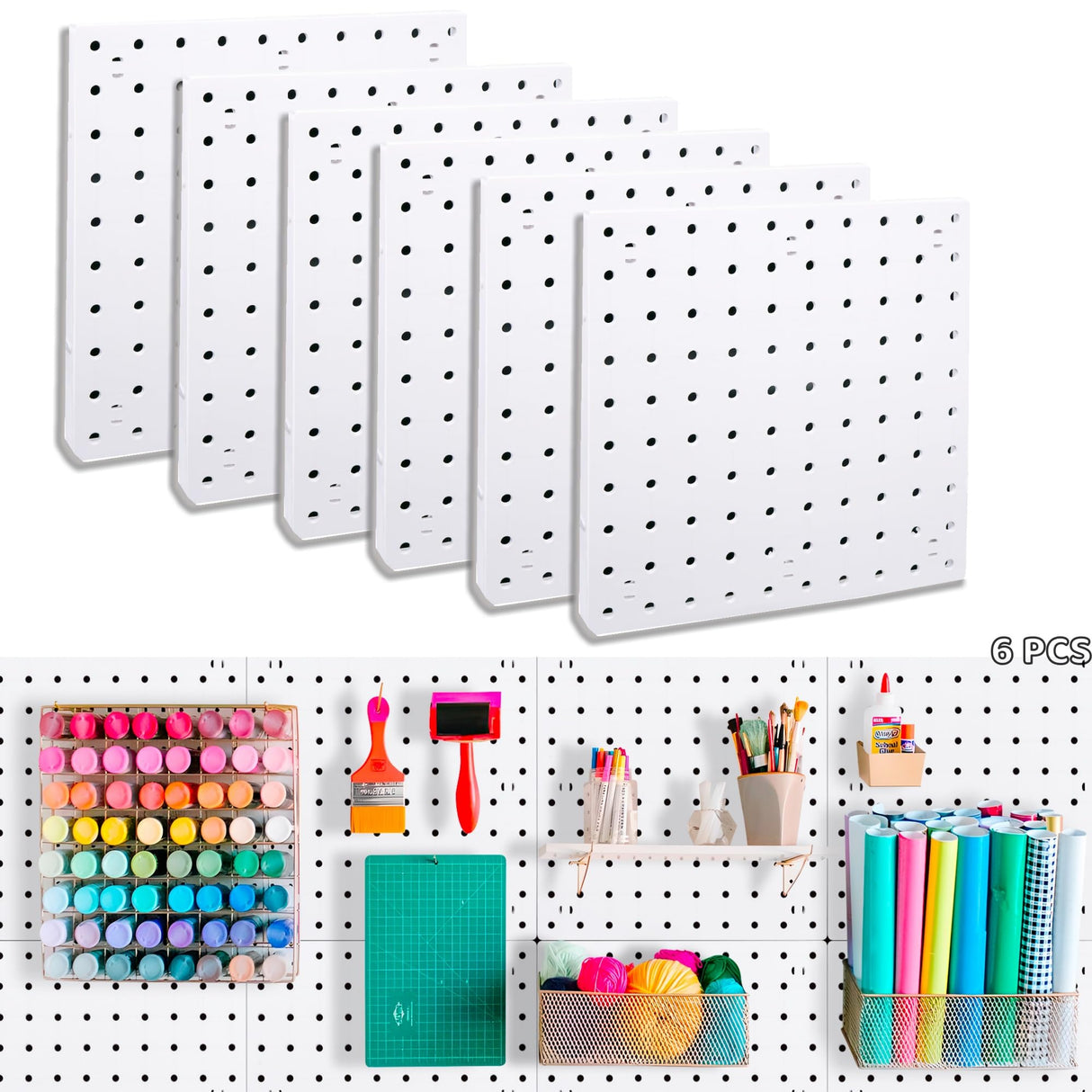 LANSI 6Pcs Peg Board, Pegboard Wall Organizer Panels, White Pegboard Wall Mount, ABS Pegboard for Craft Room Garage Kitchen Workshop Garage, ABS Peg LANSI