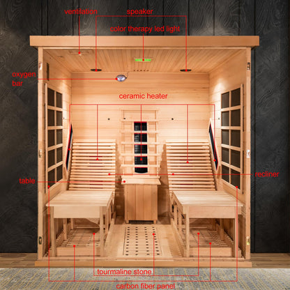 ZONEMEL Far Infrared 2 Person Wooden Sauna Room with Recliner, Red Cedar Luxury Indoor Sauna with 9 Heating Panels, Oxygen Bar, 3400 Watt, Infrared