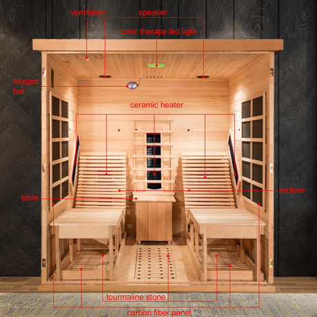 ZONEMEL Far Infrared 2 Person Wooden Sauna Room with Recliner, Red Cedar Luxury Indoor Sauna with 9 Heating Panels, Oxygen Bar, 3400 Watt, Infrared ZONEMEL