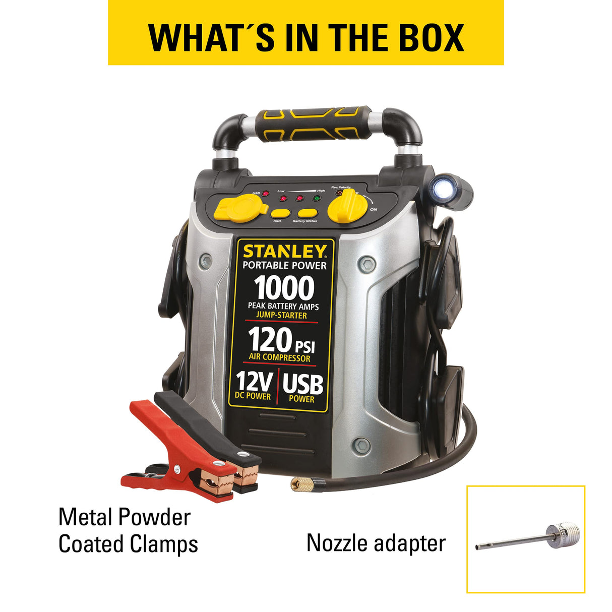 STANLEY J5C09 Portable Power Station Jump Starter 1000 Peak Amp Battery Booster, 120 PSI Air Compressor, USB Port, Battery Clamps STANLEY