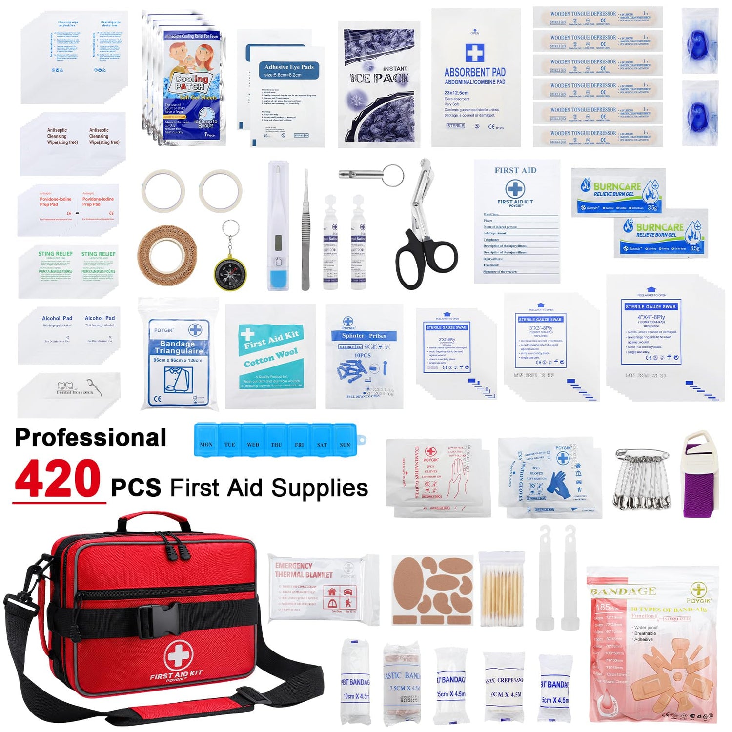 Poygik Premium 420 Piece Large First Aid Kit for Home, Car, Travel, Camping, Truck, Hiking, Sports, Office, Vehicle & Outdoor Emergencies - Emergency Poygik