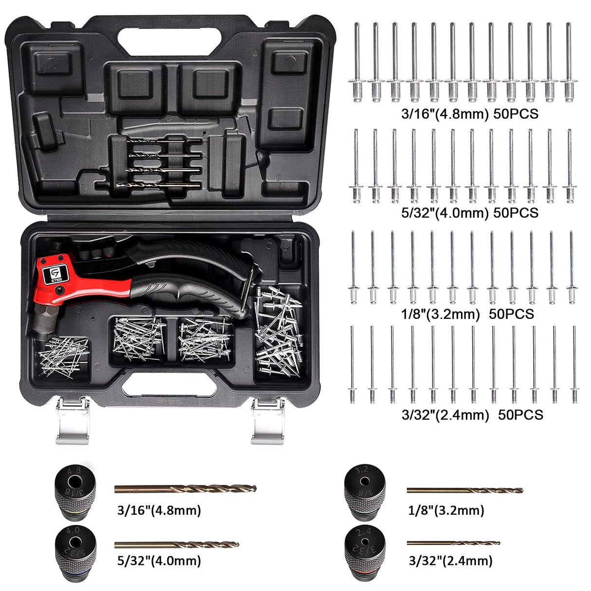 Rivet Gun, GIANTISAN Pop Rivet Tool Kit with 200 Rivets and 4 Drill Bits, Manual Hand Riveter Kit with Rugged Carrying Case G GIANTISAN