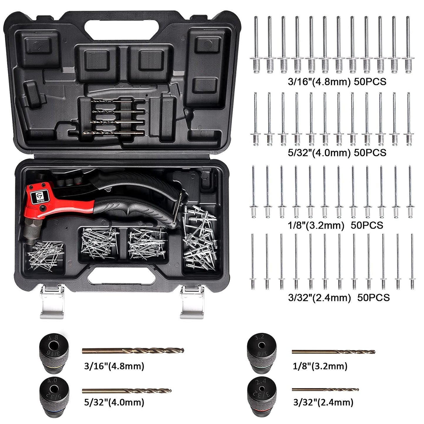 Rivet Gun, GIANTISAN Pop Rivet Tool Kit with 200 Rivets and 4 Drill Bits, Manual Hand Riveter Kit with Rugged Carrying Case