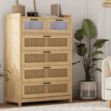 AOGLLATI 6 Drawer Dresser for Bedroom, Natural Rattan Wood Dressers with Led Light, Tall Dressers & Chests of Drawers, Bedroom Closet Dresser for AOGLLATI