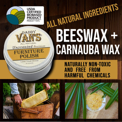 Daddy Van's All Natural Unscented Beeswax Furniture Polish - Food Safe Wood Conditioning Salve Nourishes and Protects Furniture, Cabinets, Antiques - WoodArtSupply