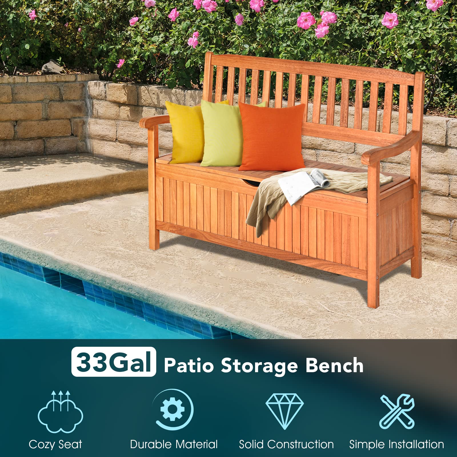 HAPPYGRILL Eucalyptus Wood Outdoor Storage Bench with Dustproof Liner - 33 Gal Capacity - WoodArtSupply