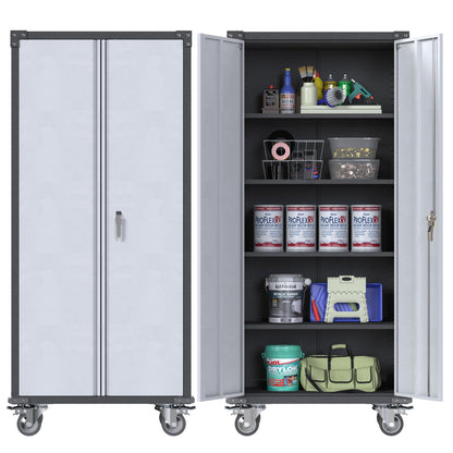 71'' Tall Metal Storage Cabinet with Wheels, Rolling Garage Cabinet with Lockable Doors and Adjustable Shelves, Metal Utility Cabinet for Garage and