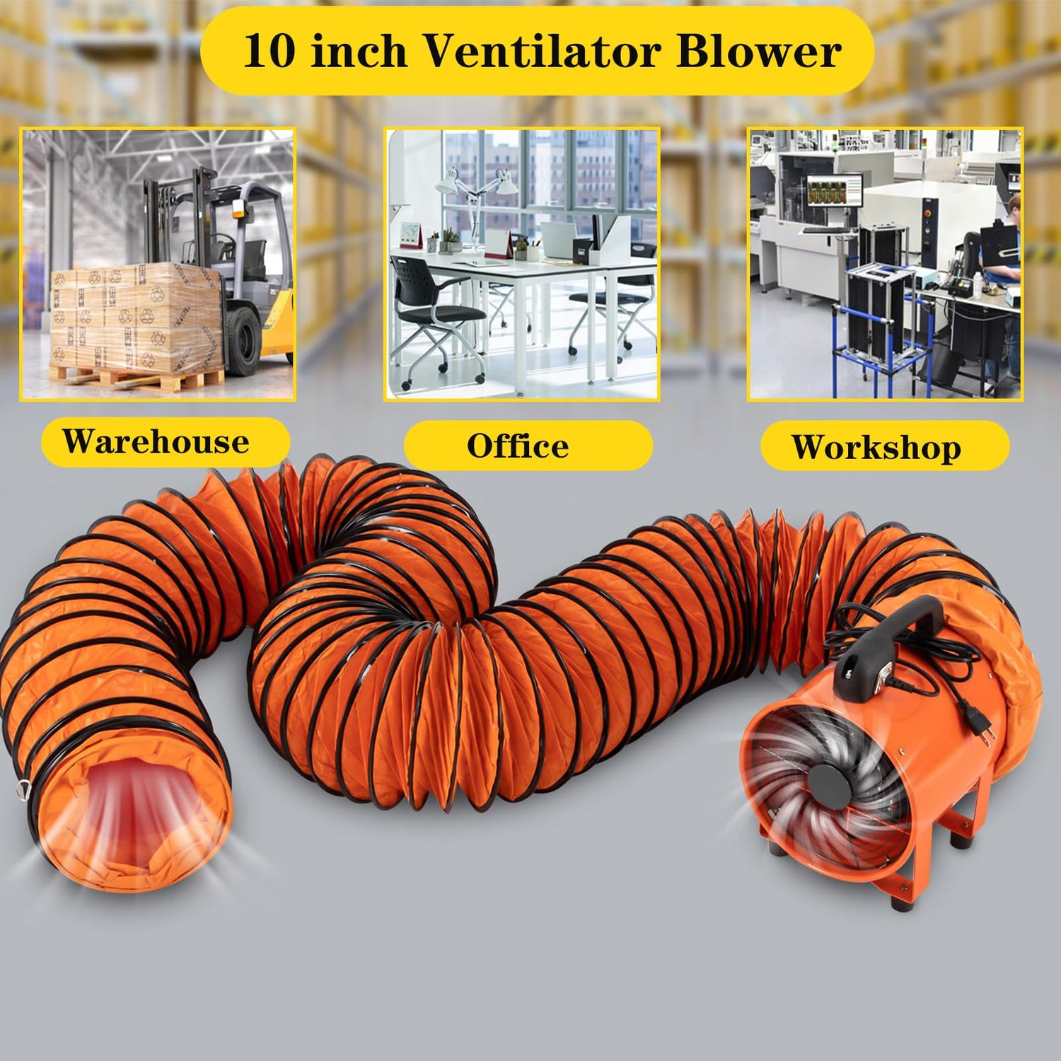 Utility Blower Fan, 10 inch Ventilator Blower, 2800/3300RPM Extractor Fan Blower, Portable Industrial High Velocity Blower-with 32.8 ft/10 m Duct Yellulu