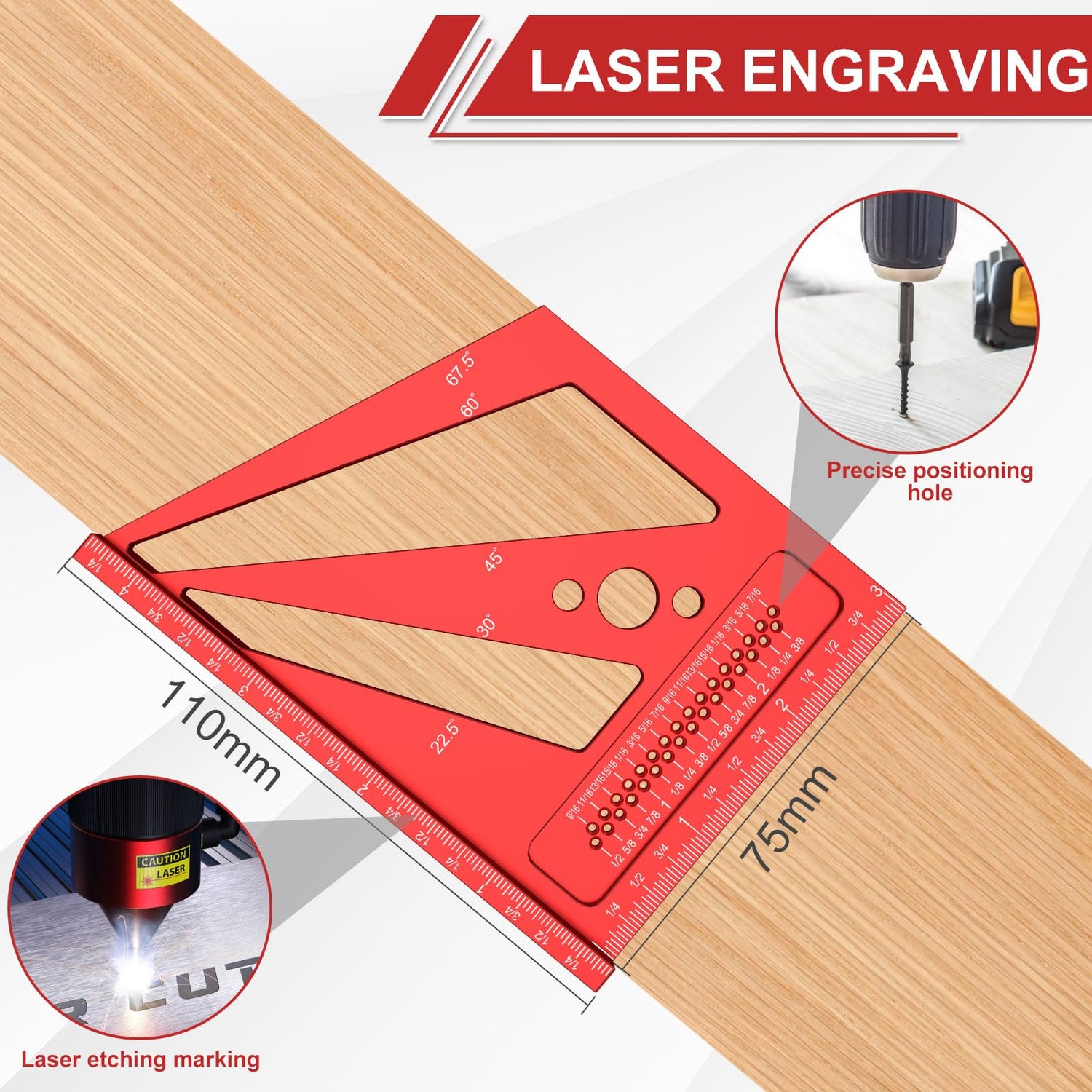 3D Multi-Angle Measuring Ruler, Aluminum Alloy Imperial Woodworking Square Ruler, Precise 22.5°- 90° Drawing Liner Scriber, with Wrench, for Janoiuc