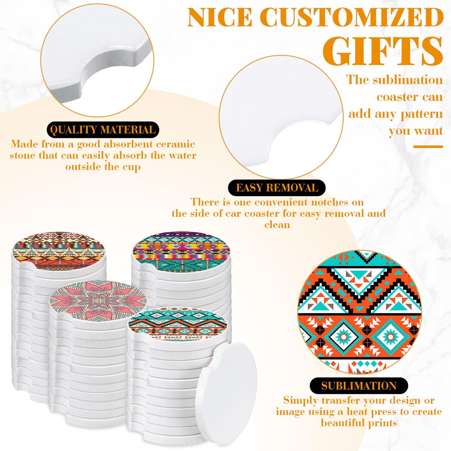 Zhehao 150 Pcs Ceramic Car Coasters with Bags and Cards 2.64'' Sublimation Coasters Blanks Ceramic Car Cup Holder Coasters with A Finger Notch for Zhehao