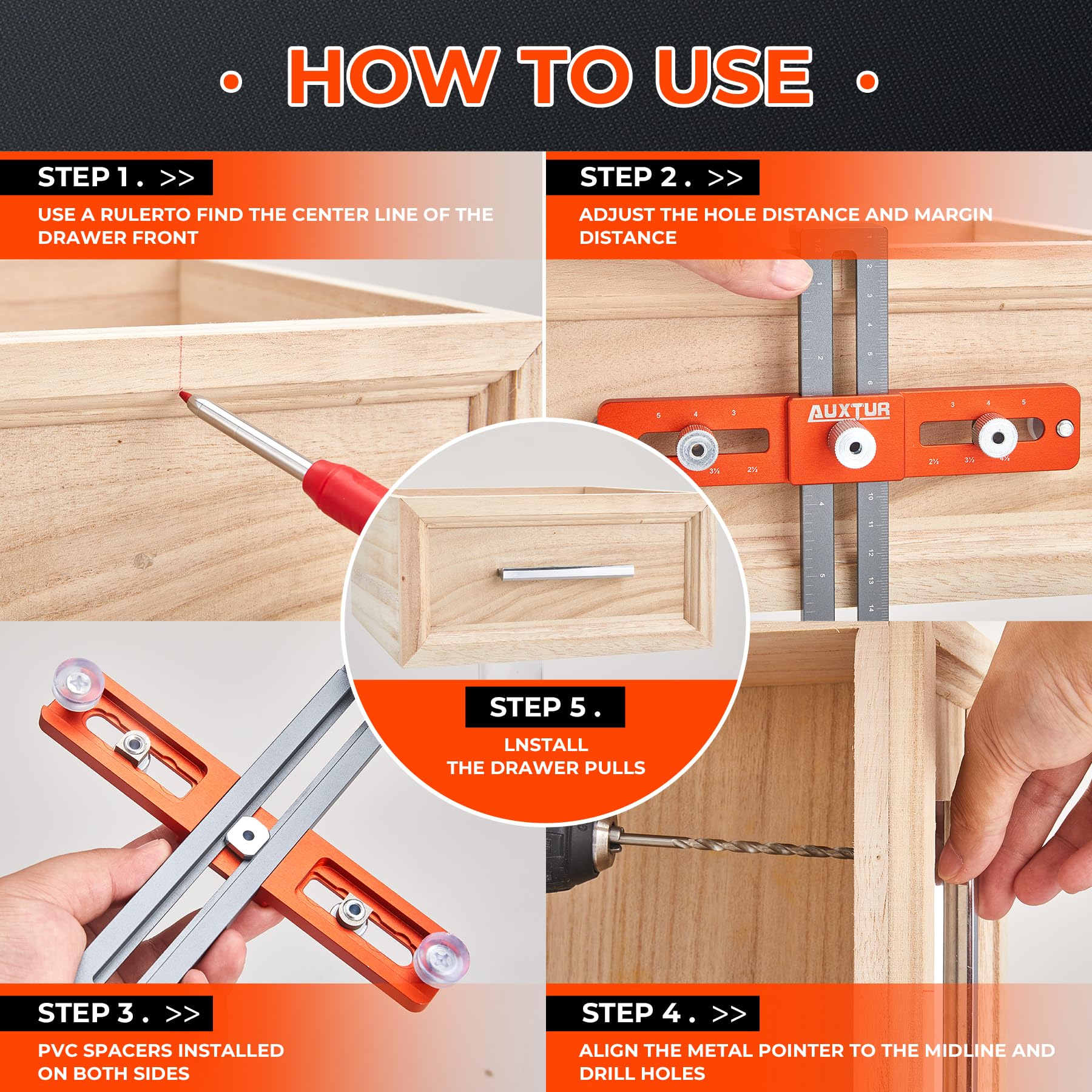 AUXTUR Cabinet Hardware Jig, Adjustable Cabinet Handle Template Tool with Alignment Hole, Punch Locator Drill Guide for Knobs,Handles and Pulls, - WoodArtSupply